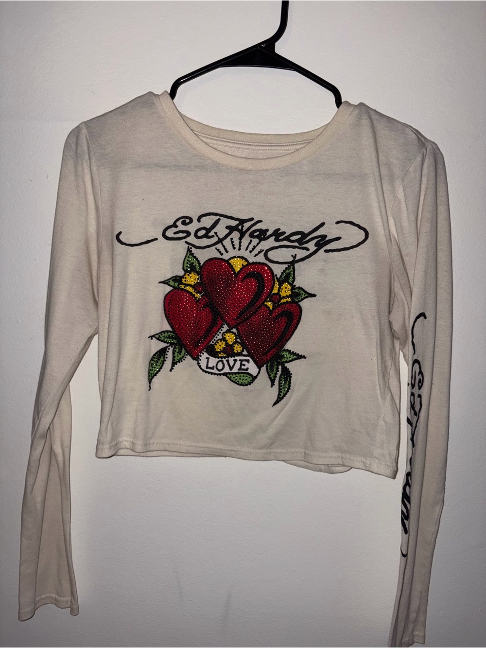 Ed Hardy Cream Long Sleeve Crop Top with Red Heart Graphic